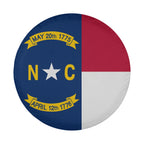 North Carolina state flag spare tire cover on Jeep Wrangler with blue panel and date ribbons