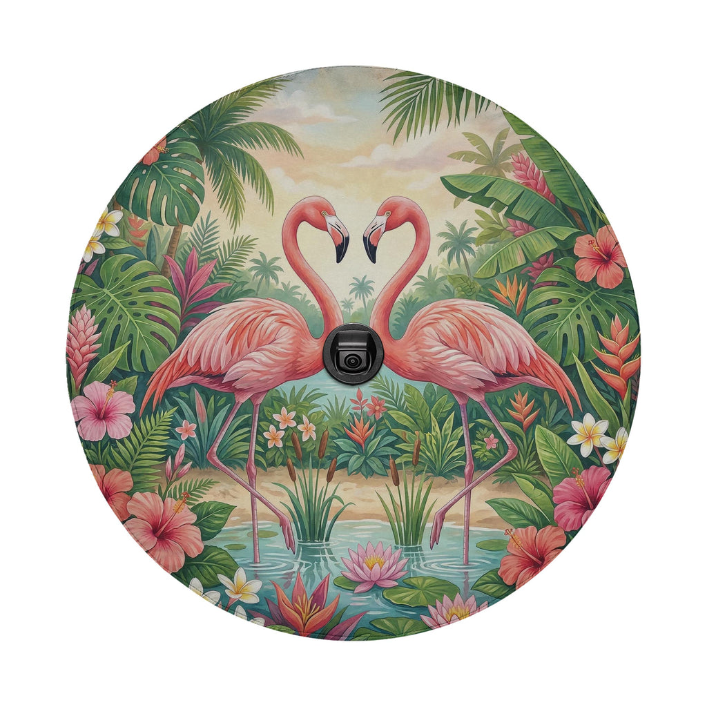 A vibrant illustration of two pink flamingos standing in a tropical garden, surrounded by lush foliage, flowers, and palm trees.