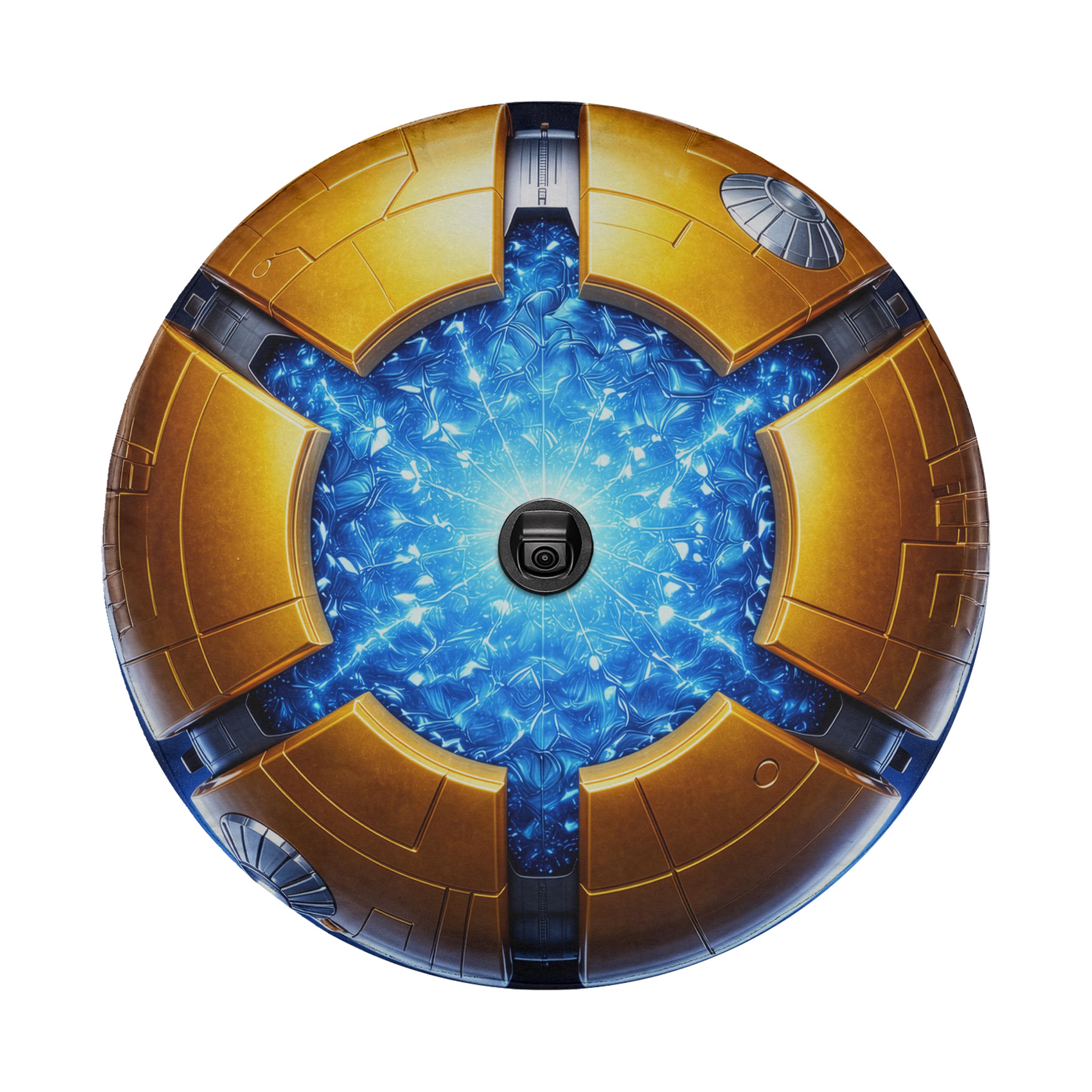 a futuristic, metallic object with a blue and gold color scheme. The object appears to be a metallic sphere or capsule with a central black camera lens.