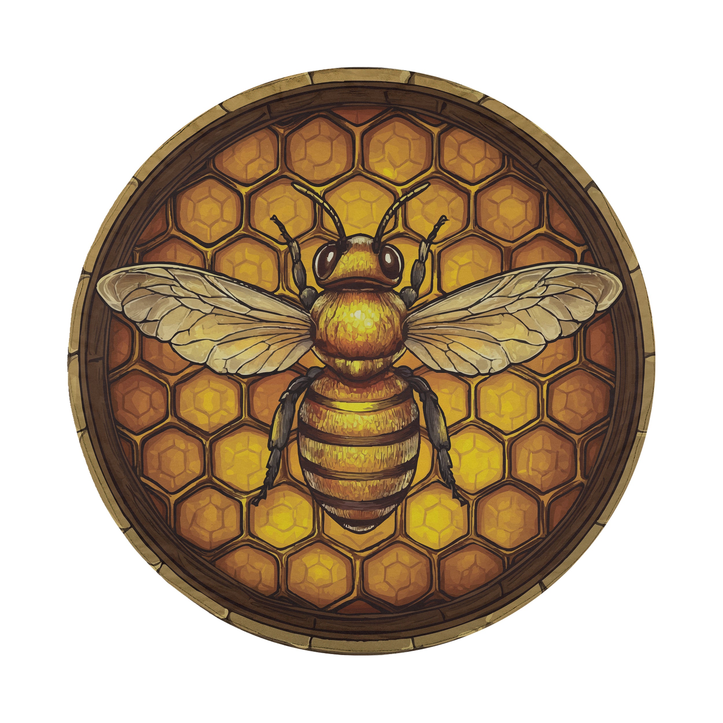 Honeycomb bee spare tire cover flat artwork showing detailed amber hexagon honeycomb backdrop with central bee