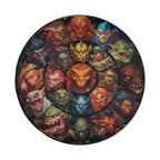 Flat round hero slayers tire cover closeup with orc goblin warrior faces ringed around a metal shield