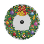 Holiday wreath spare tire cover with center backup camera hole bells ornaments and lush green pine