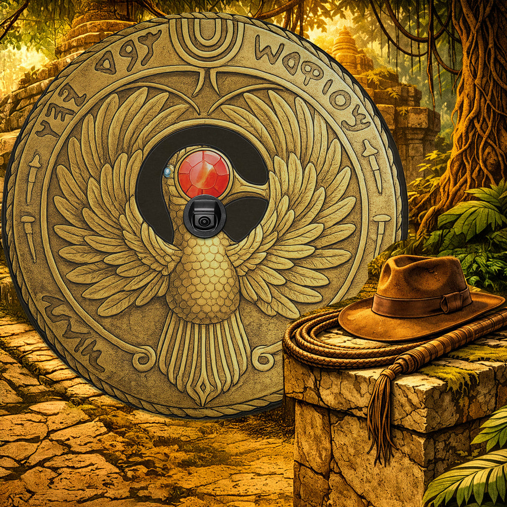 a large, ornate shield with a bird design, surrounded by lush greenery and a brown cowboy hat placed on a stone pedestal.