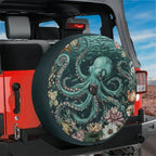 Enchanted octopus floral underwater scene spare tire cover on red Jeep Wrangler rear