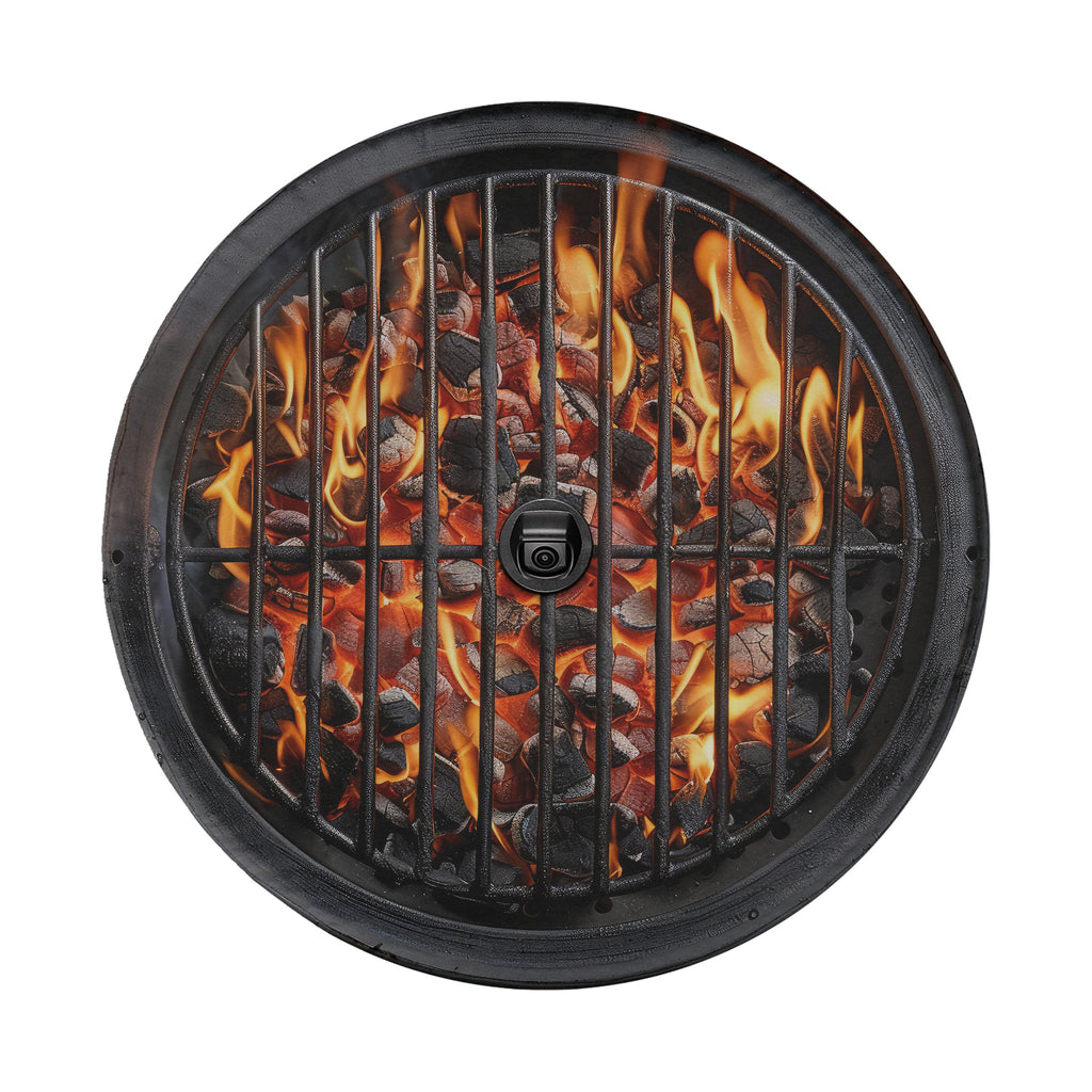 Charcoal grill spare tire cover fabric and grommet closeup detail view