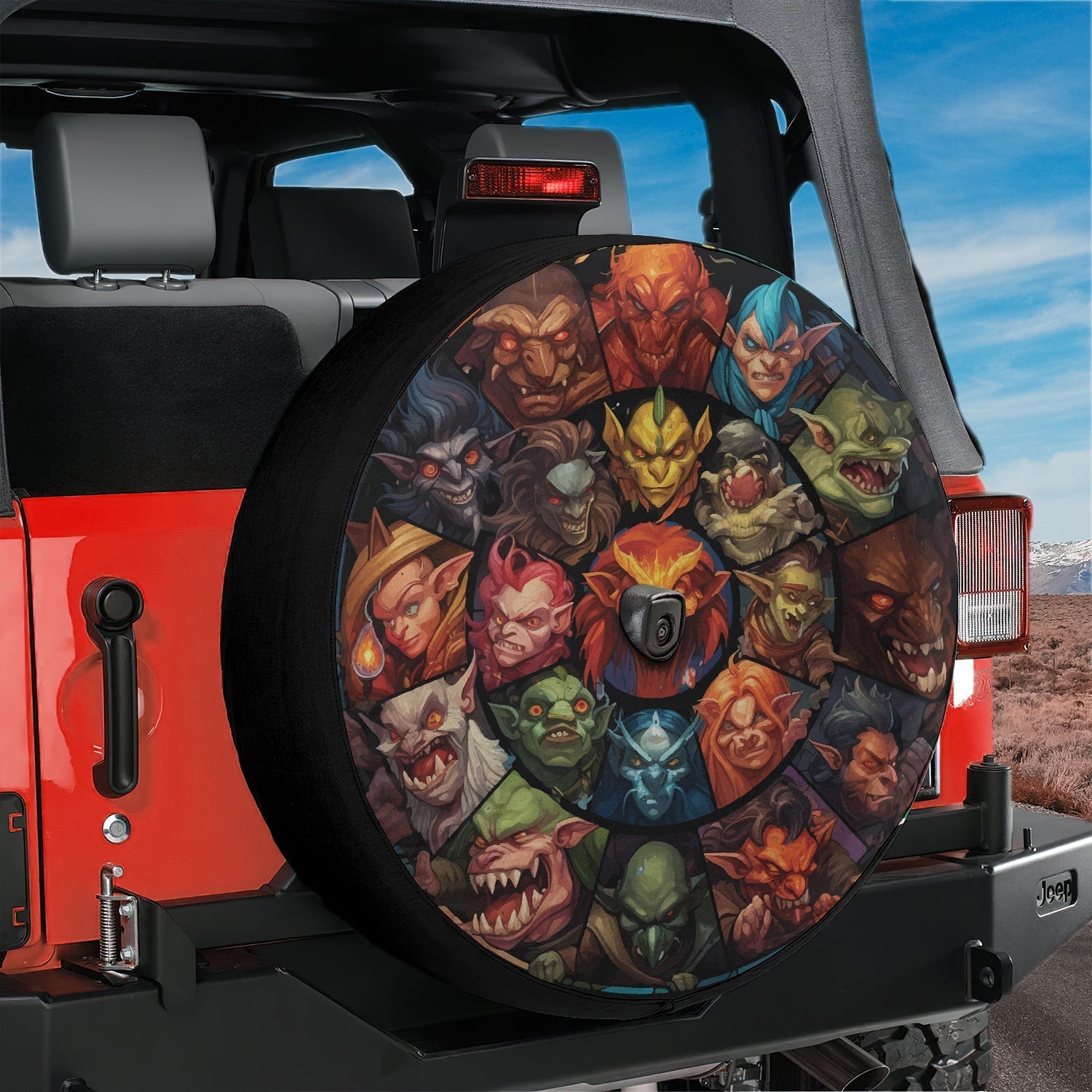 Hero slayers tire cover on a red Jeep Wrangler featuring orc warrior portraits and backup camera hole