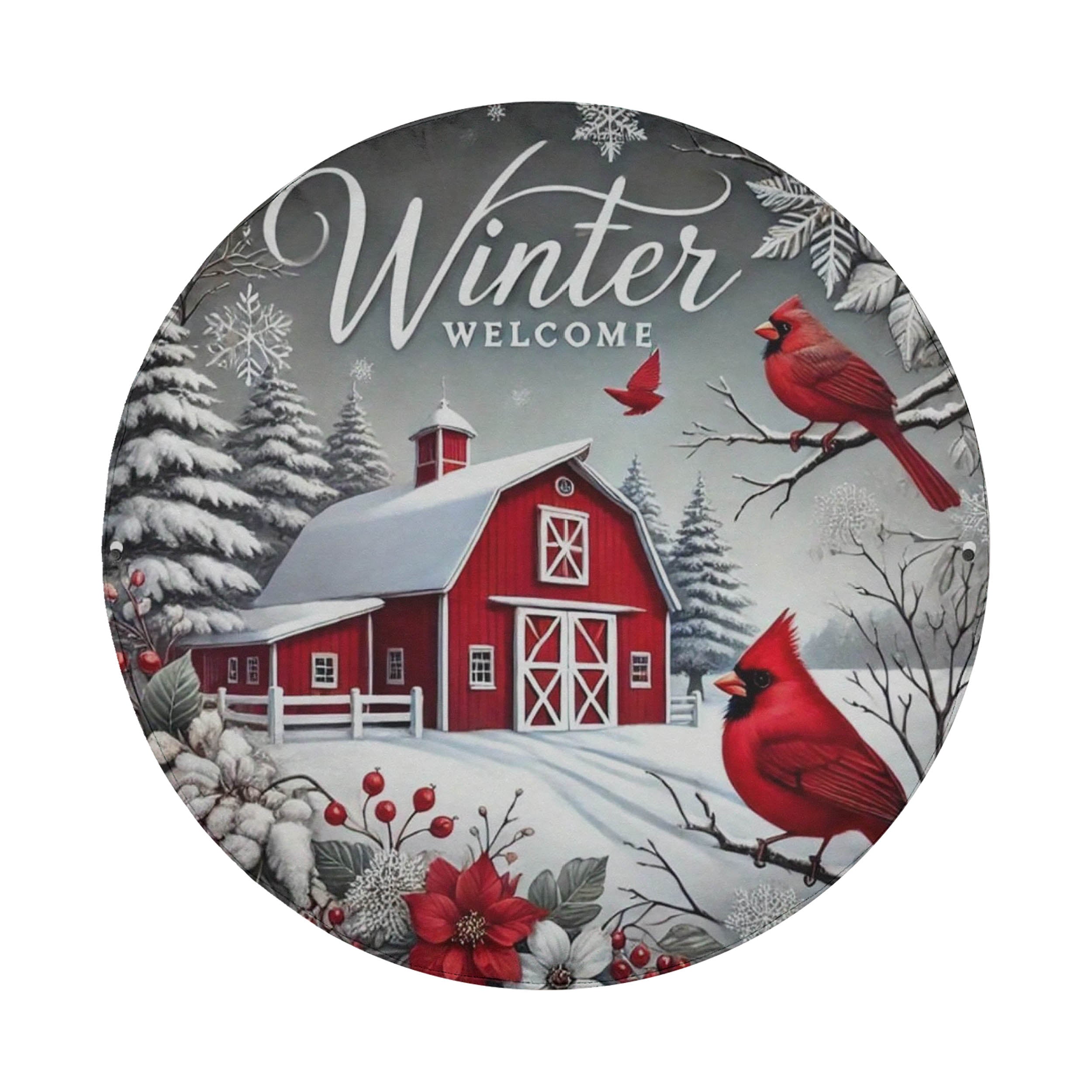 A red barn surrounded by snow and trees, with two red cardinals perched on branches nearby. The text "Winter Welcome" is displayed above the barn.