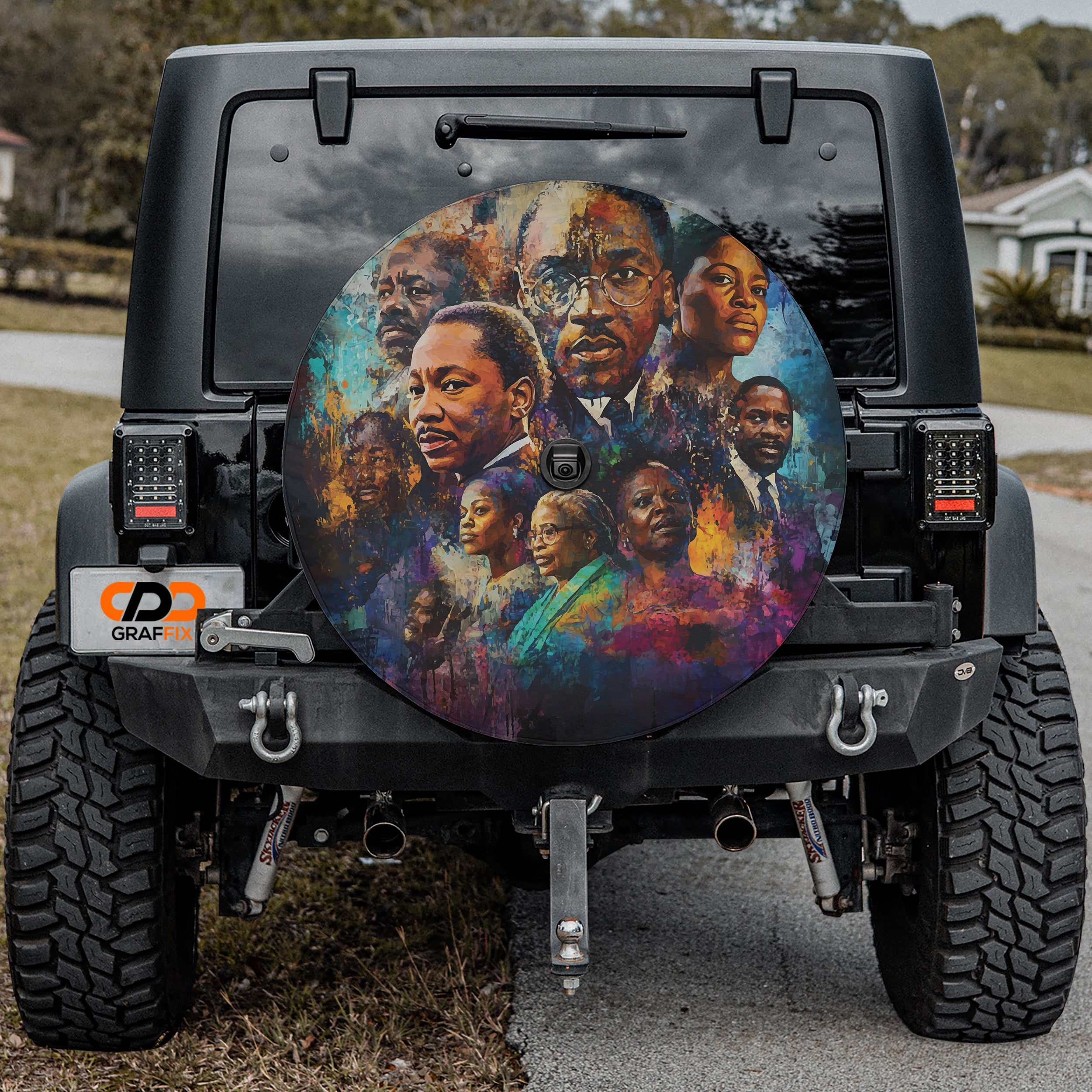 Black History leaders tribute spare tire cover featuring civil rights icons and portraits