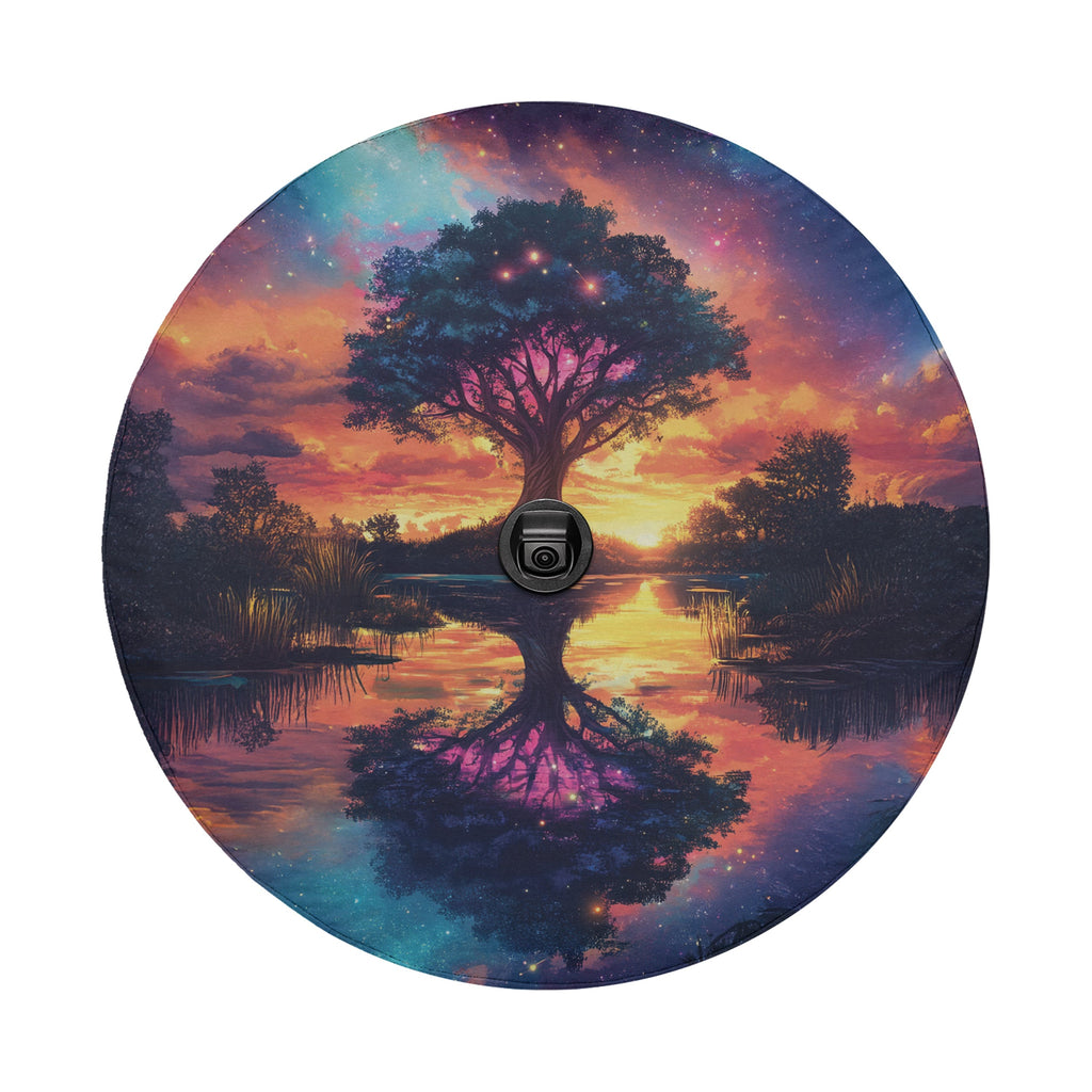 Dreamscape Tree spare tire cover round flat view with camera cutout and sunset tree print