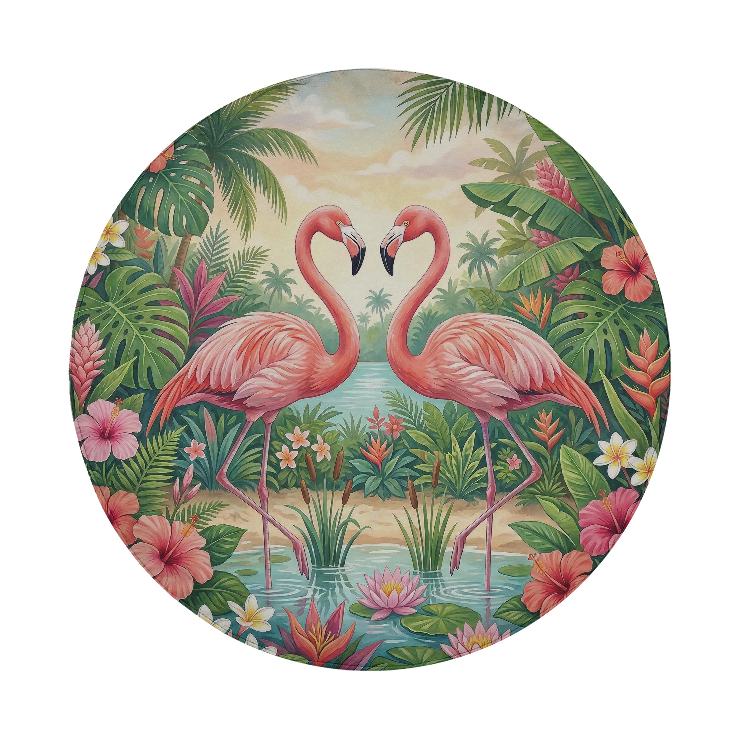 A pair of pink flamingos standing in a tropical garden, surrounded by lush foliage, flowers, and a body of water.