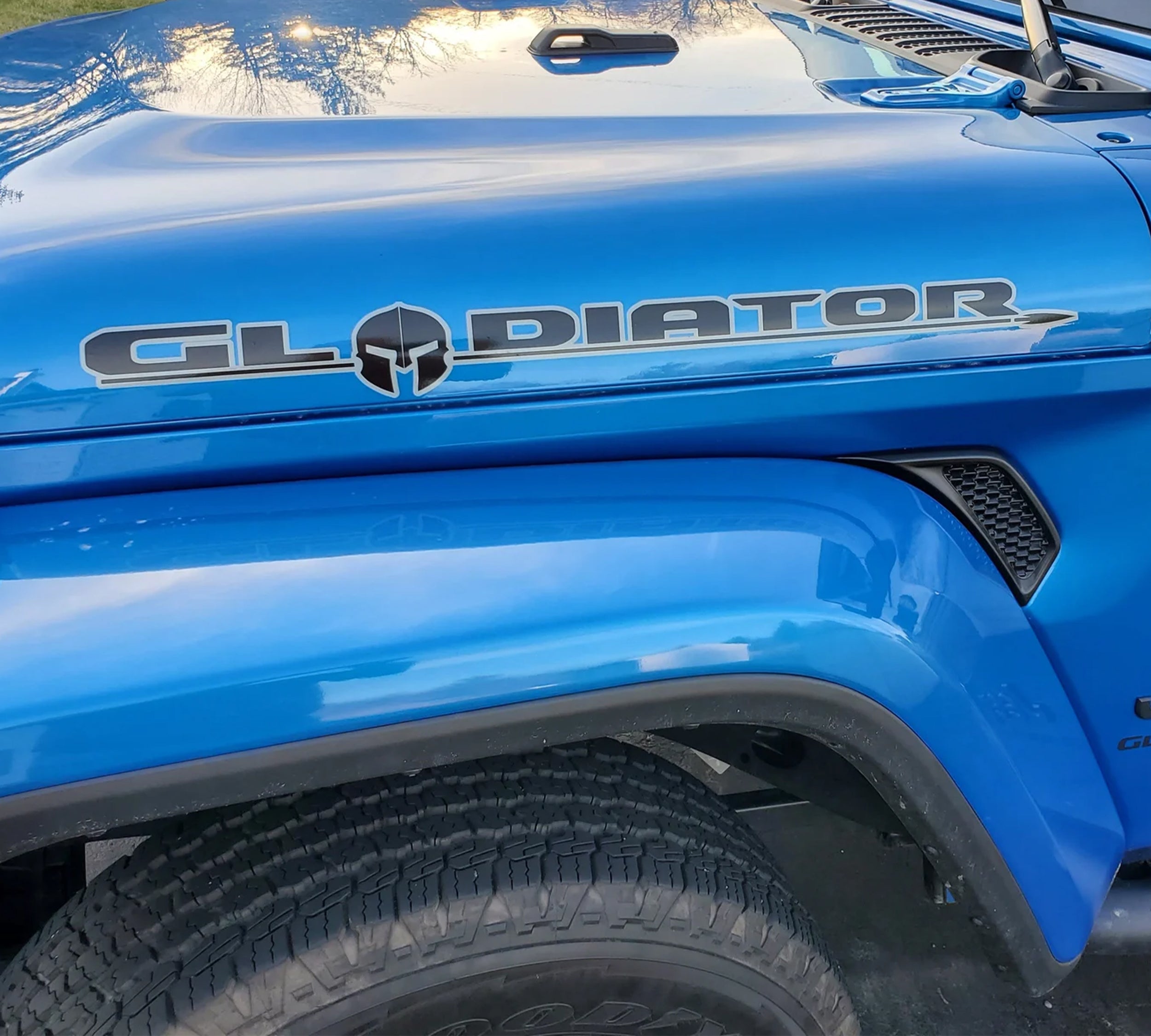 Hood Lettering Decals Fits JT Gladiator - Outlined Gladiator Lettering w/ Spartan Helmet Vinyl Decal