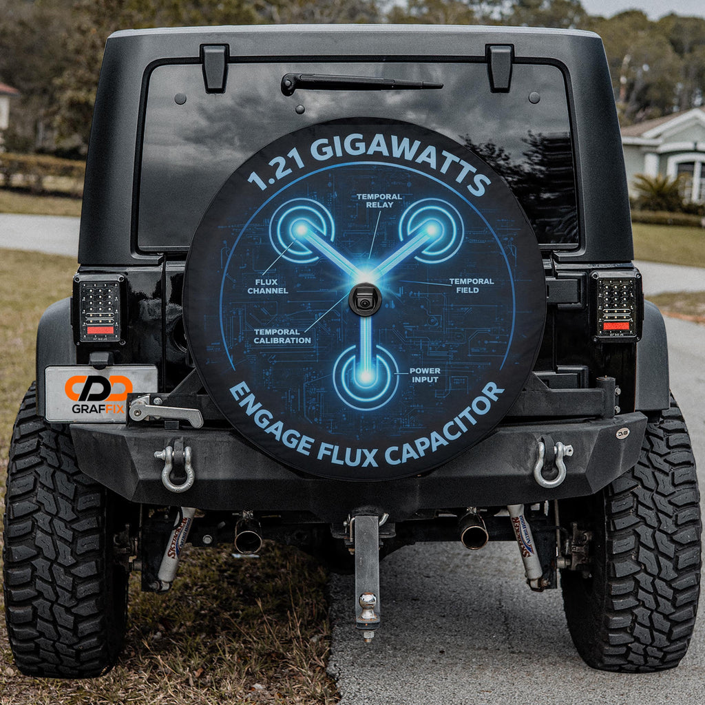 the rear of a black Jeep Wrangler with a large tire cover featuring a circuit board design and various technical diagrams.
