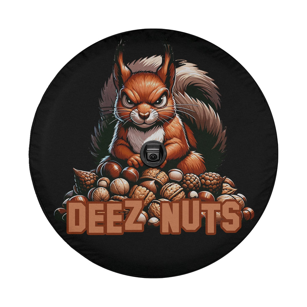 Squirrel deeze nuts tire cover detail closeup with feisty orange squirrel tail and backup camera hole