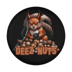 Squirrel deeze nuts tire cover detail closeup with feisty orange squirrel tail and backup camera hole