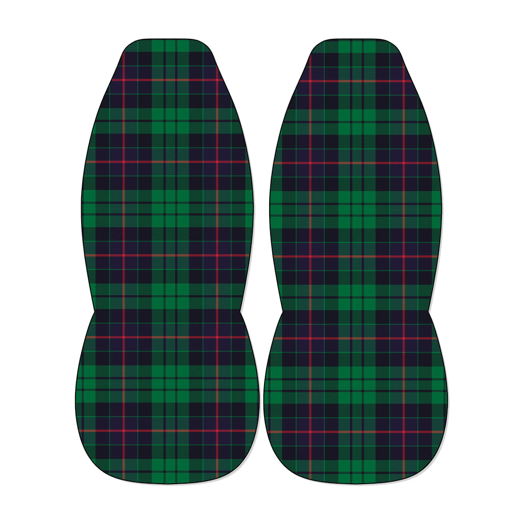 two identical car seat covers with a plaid pattern in shades of green and red.