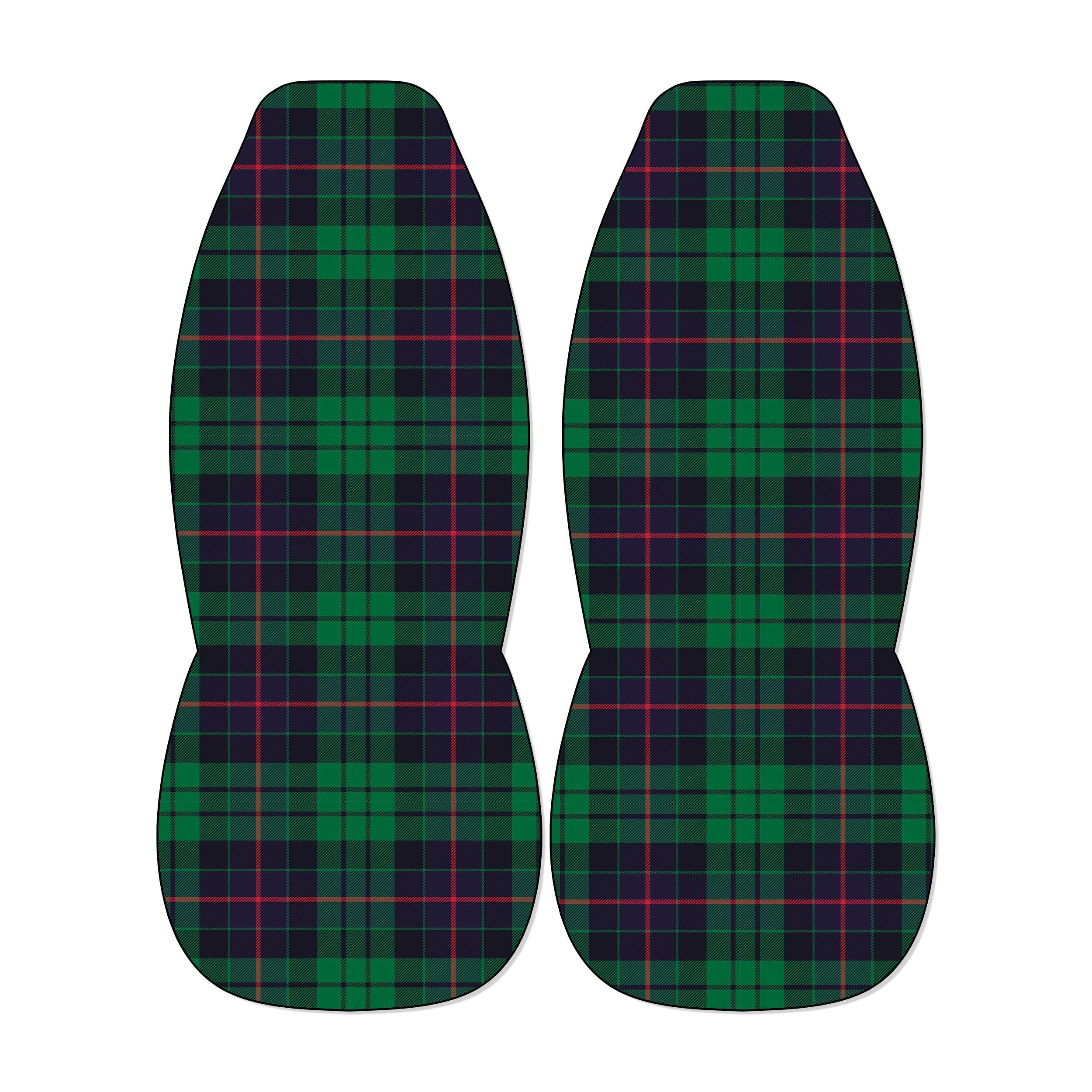 two identical car seat covers with a plaid pattern in shades of green and red.
