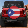 Puerto Rico Flag spare tire cover on red Ford Bronco rear with classic red white stripes and blue star