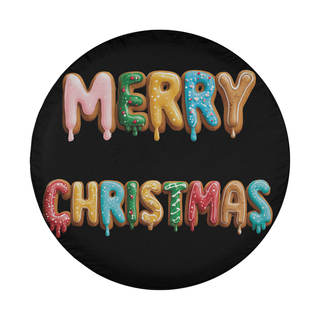 A circular black background with the words "MERRY CHRISTMAS" written in colorful, dripping letters made of donuts.