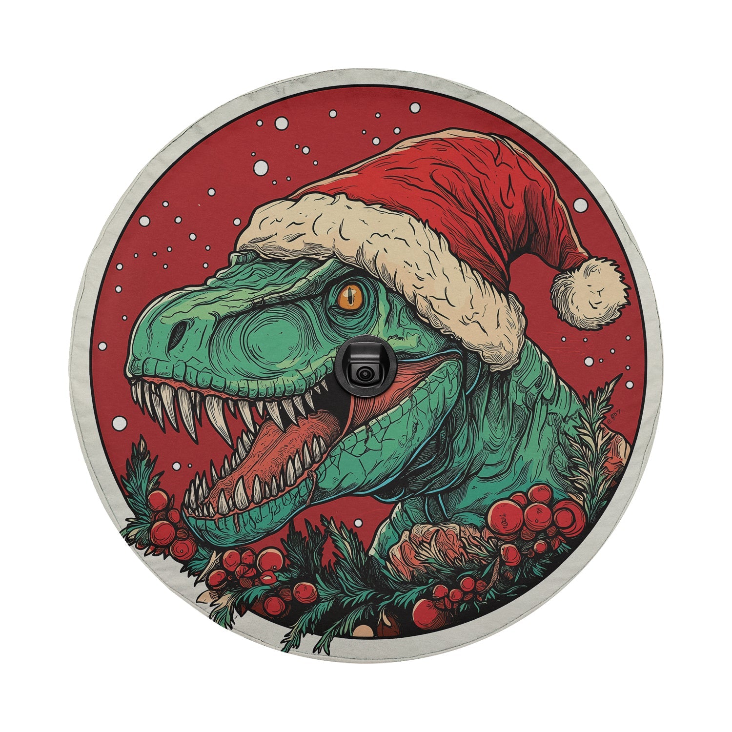 Dino Claus T-Rex Christmas tire cover artwork with Santa hat snowflakes holly berries and red sky
