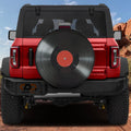 Vinyl Record spare tire cover with realistic black LP grooves and red center label round print design