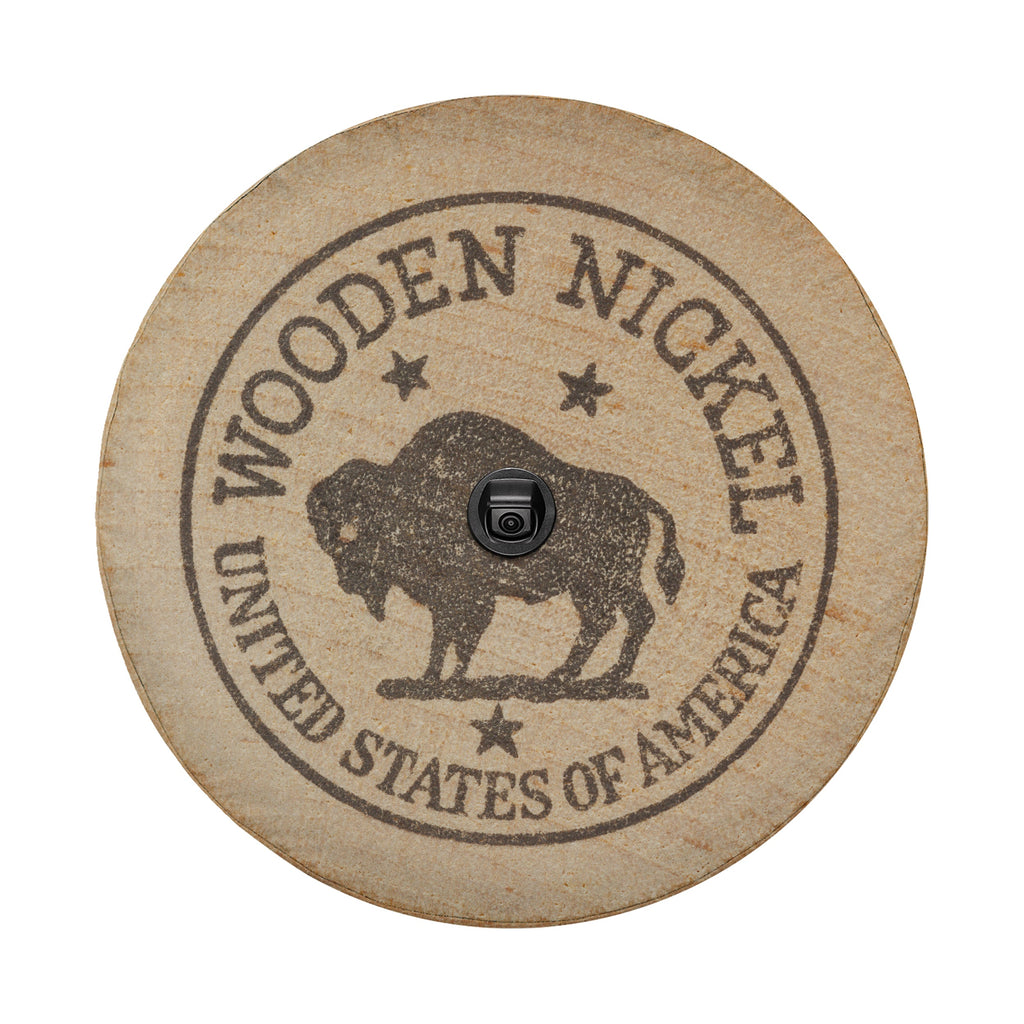 American buffalo wooden nickel spare tire cover on red Bronco showing vintage buffalo nickel