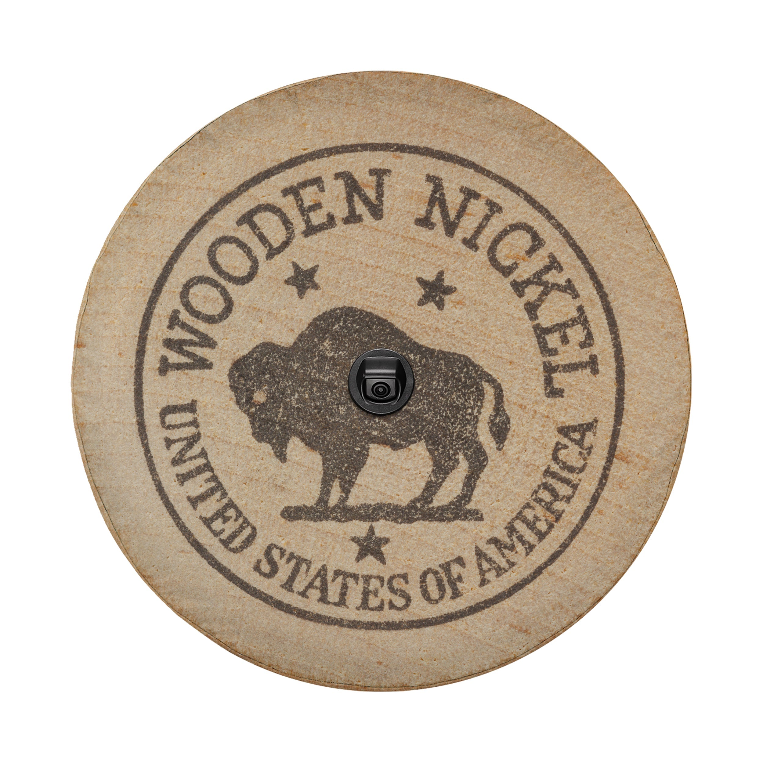 American buffalo wooden nickel spare tire cover on red Bronco showing vintage buffalo nickel