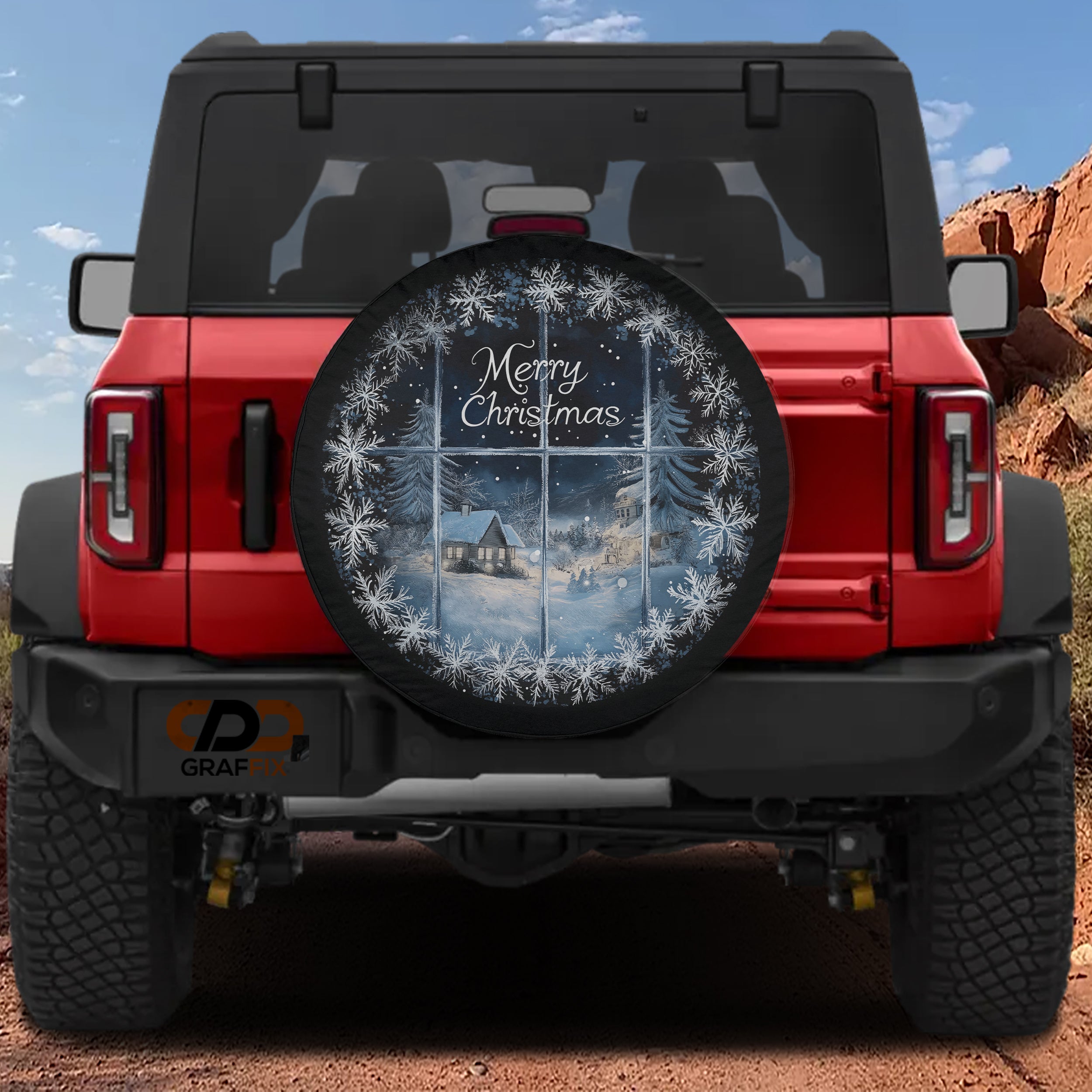 Red Ford Bronco rear with Merry Christmas window snow scene cabin spare tire cover snowflake frame