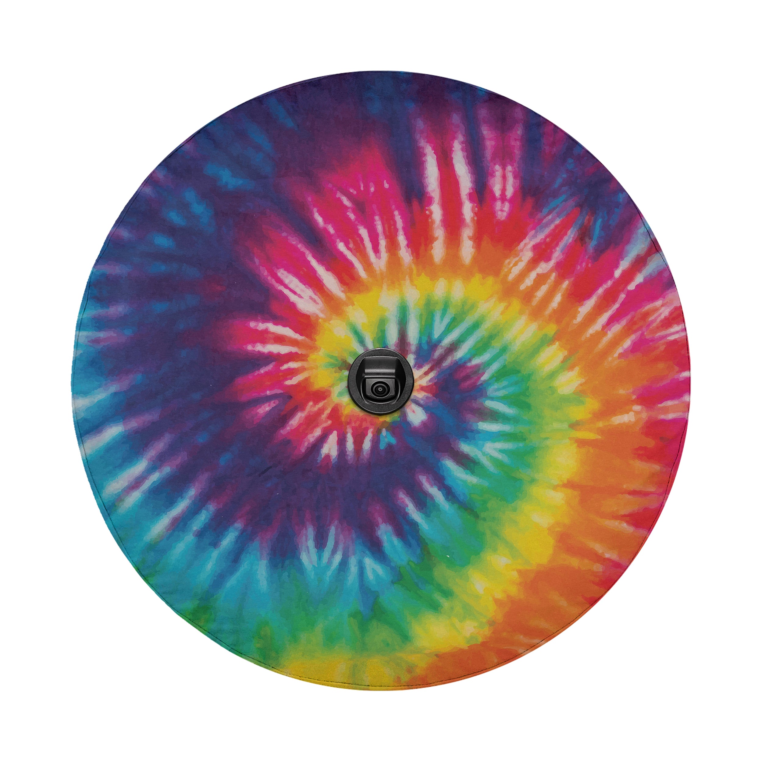 Tie-dye rainbow spiral spare tire cover standalone flat view with center backup camera cutout hole