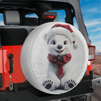 Christmas baby polar bear tire cover round close-up cub red Santa hat snowflake scarf cartoon style