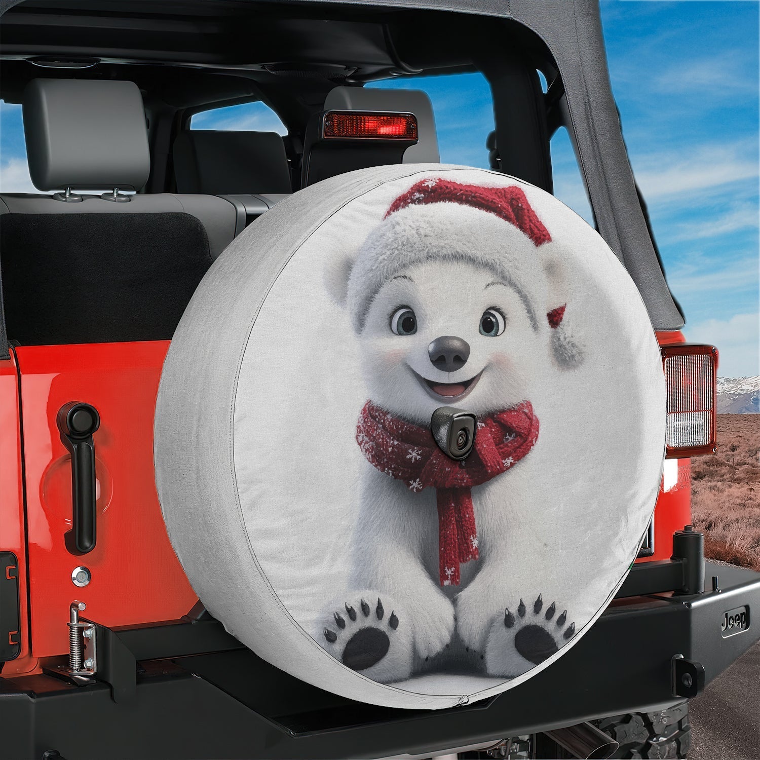 Christmas baby polar bear tire cover round close-up cub red Santa hat snowflake scarf cartoon style
