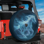 A red Jeep with a large black tire cover featuring a ghostly image of a horse running.