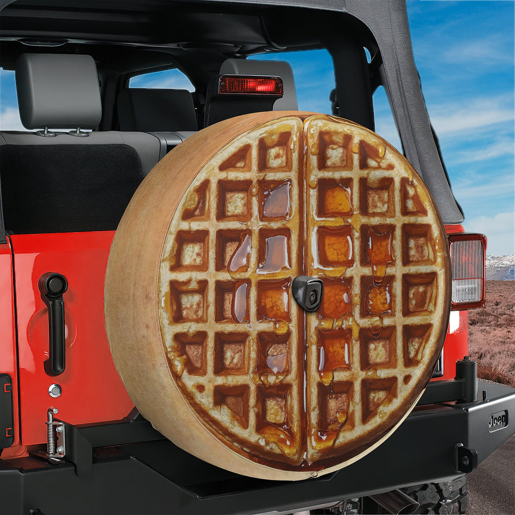 Belgian waffle with maple syrup spare tire cover flat-lay product photo on white