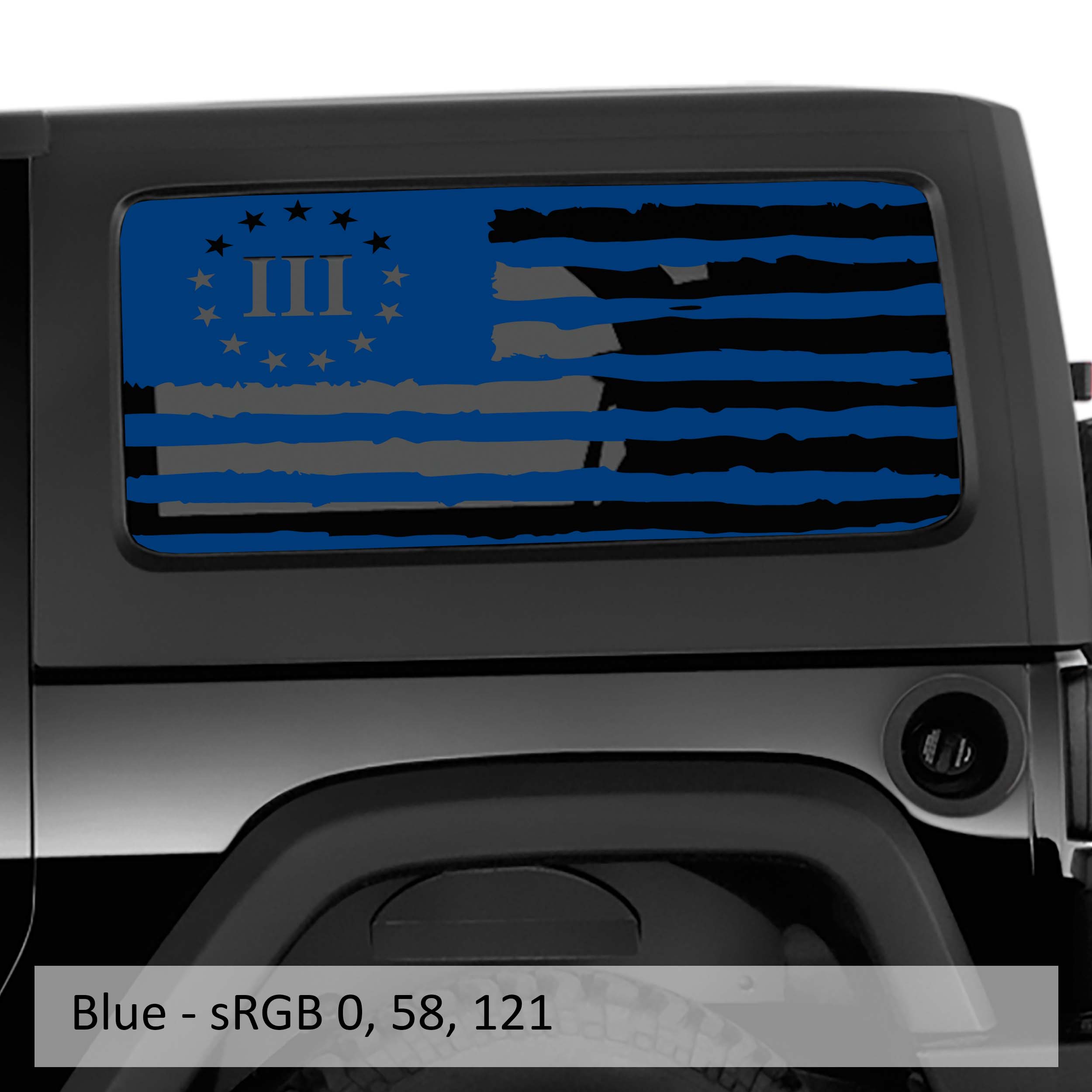Blue 3 percent tattered American flag hardtop window decal set on Jeep Wrangler JK JL 2-door