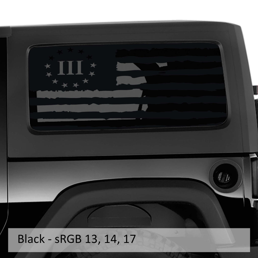 Black 3 Percenter tattered American flag 2-door hardtop window decal set on Wrangler