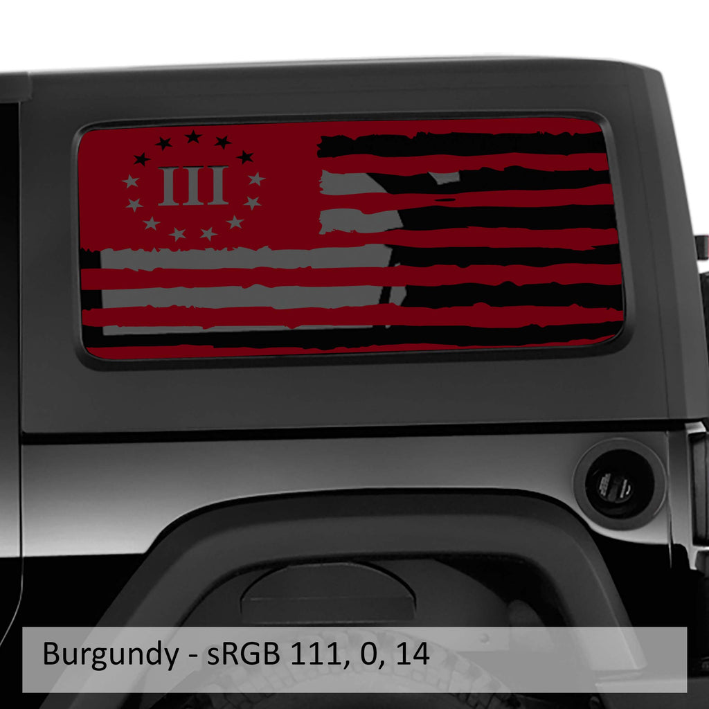 Burgundy 3 percent tattered flag hardtop window decal set installed on Jeep Wrangler JK JL