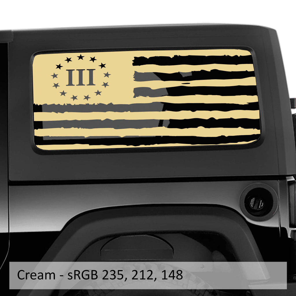 Cream 3 percent tattered American flag hardtop window decal set on Jeep Wrangler JK JL 2-door