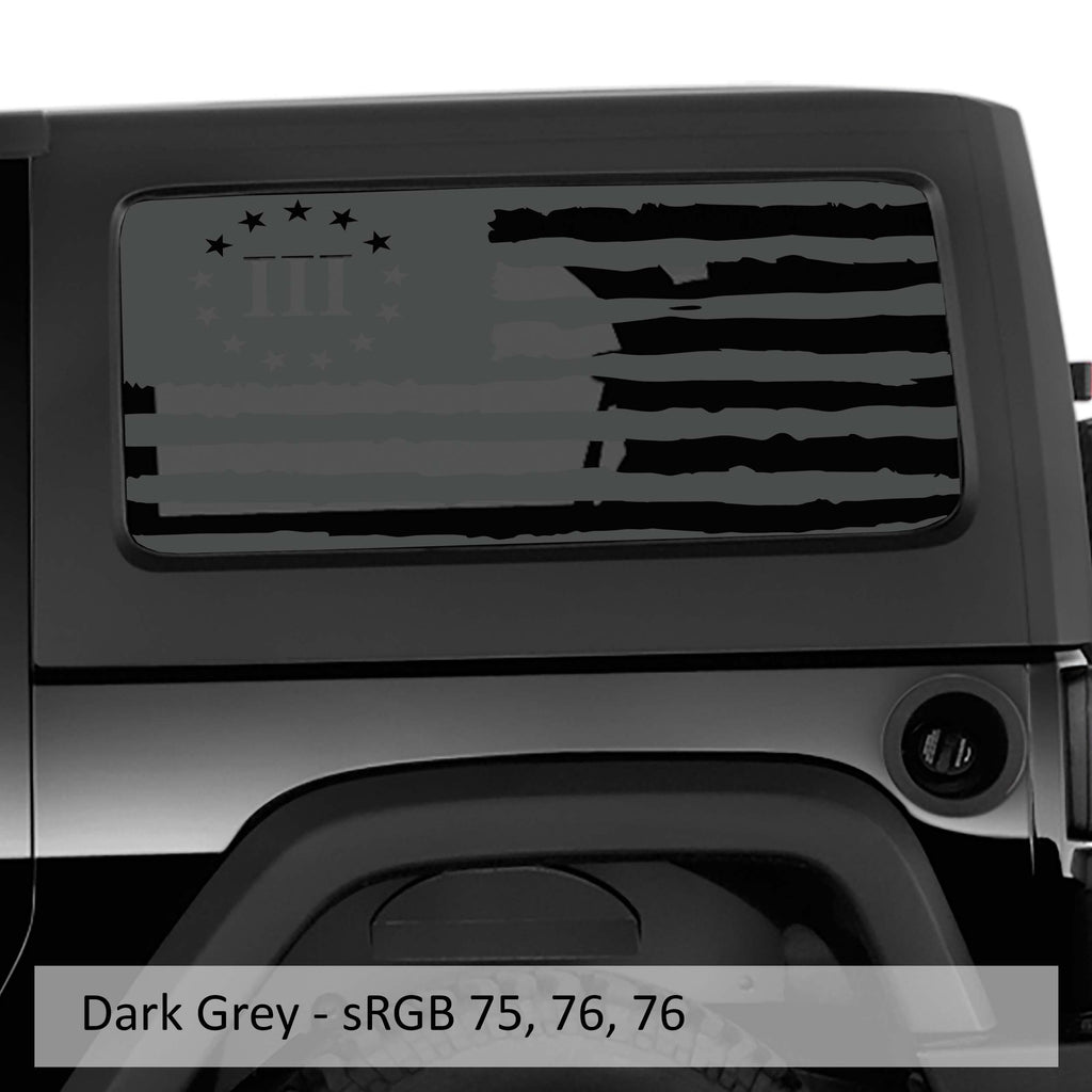 Dark grey 3 percent tattered flag hardtop window decal set installed on Jeep Wrangler JK JL