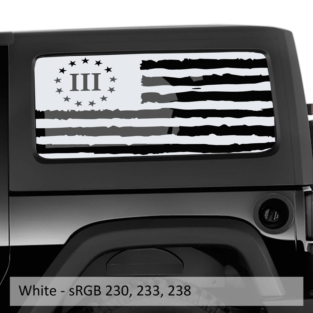 White 3 percent tattered American flag hardtop window decal set on Jeep Wrangler JK JL 2-door