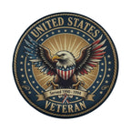 a circular emblem with a bald eagle, a symbol of the United States, and the text "United States Veteran" prominently displayed.