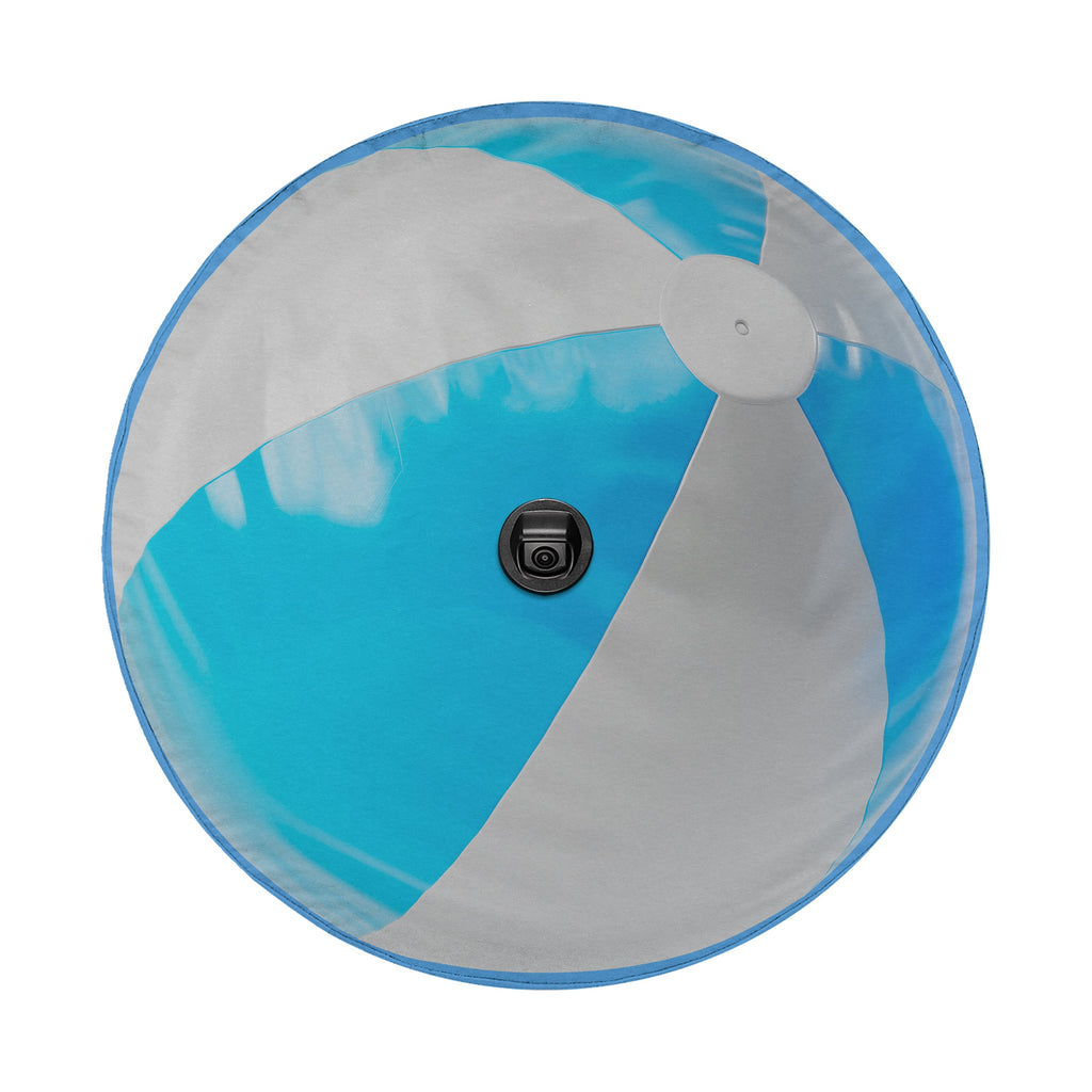 A blue and white beach ball with a black camera attached to it.