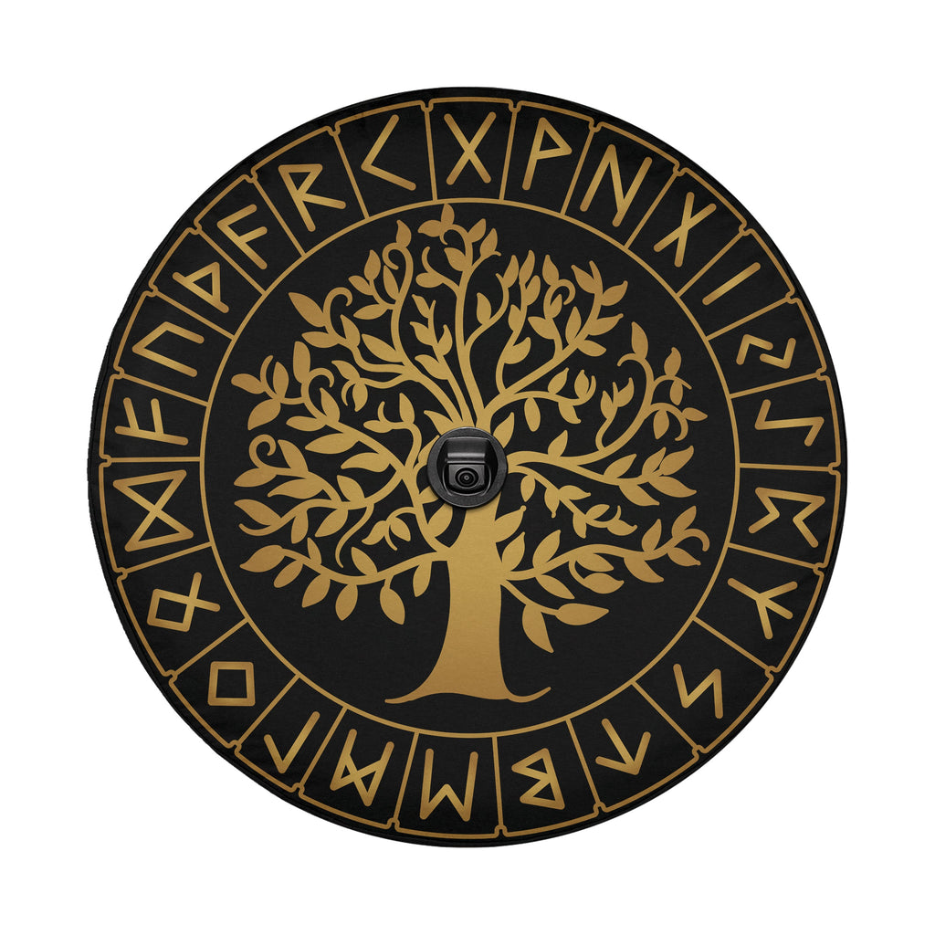 Golden Yggdrasil tree of life spare tire cover with Viking rune ring and center camera hole