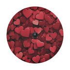 Love on Wheels spare tire cover close-up detail of overlapping red love hearts art texture