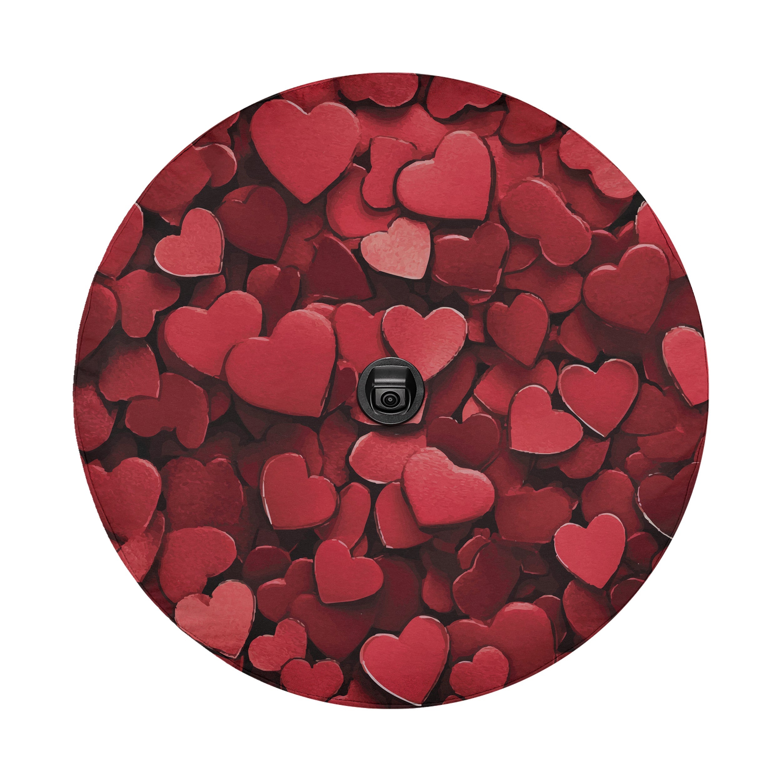 Love on Wheels spare tire cover close-up detail of overlapping red love hearts art texture