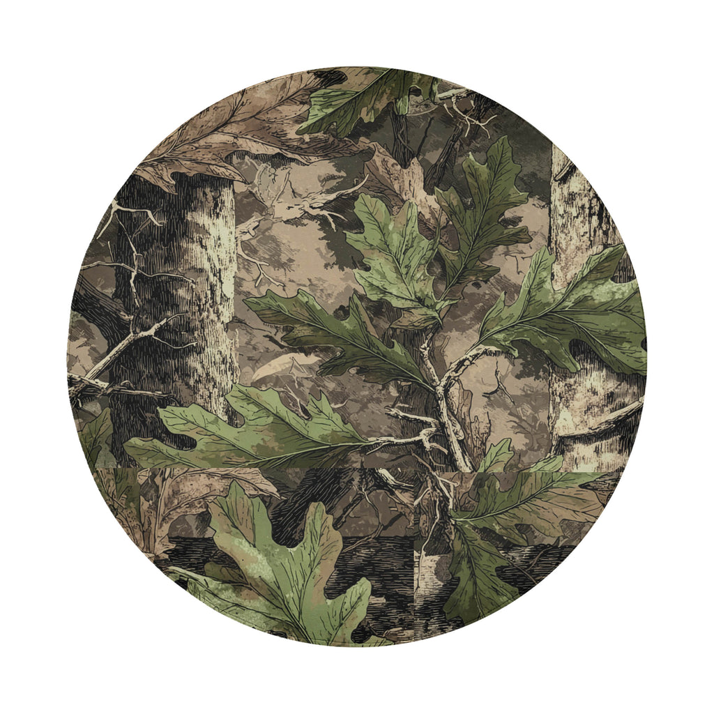 The image is a camouflage pattern featuring various shades of green leaves and branches, creating a natural and intricate design.