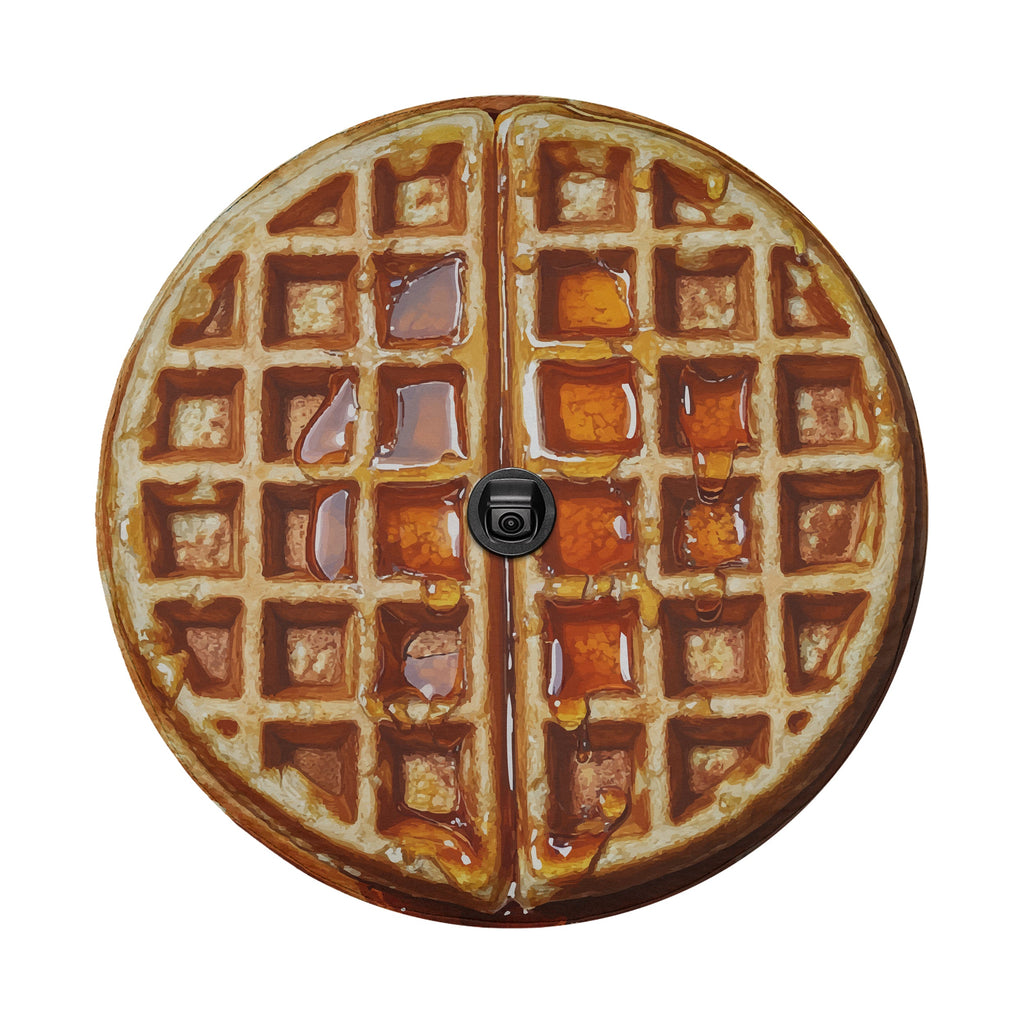 Belgian waffle maple syrup spare tire cover closeup of printed waffle grid detail