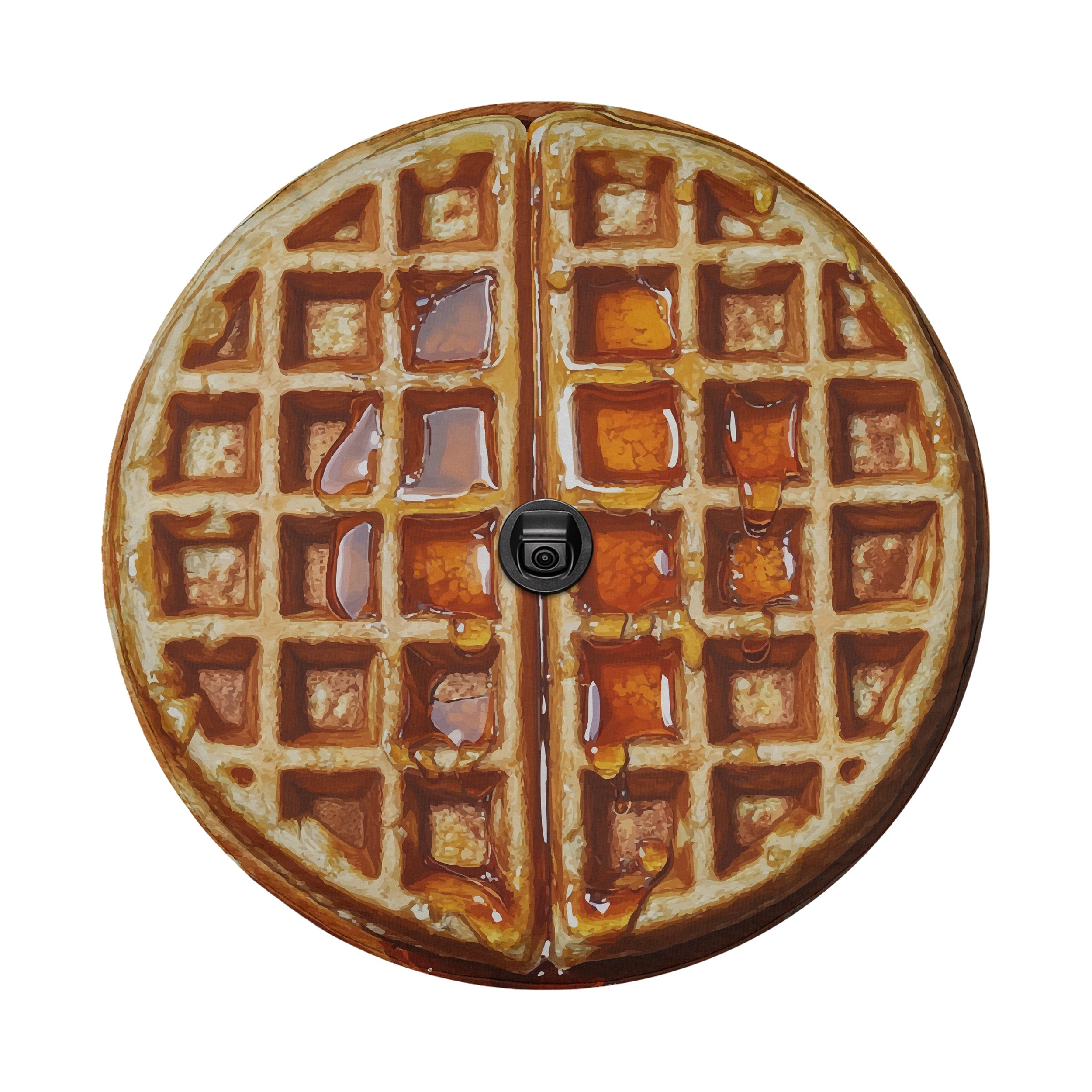 Belgian waffle maple syrup spare tire cover closeup of printed waffle grid detail