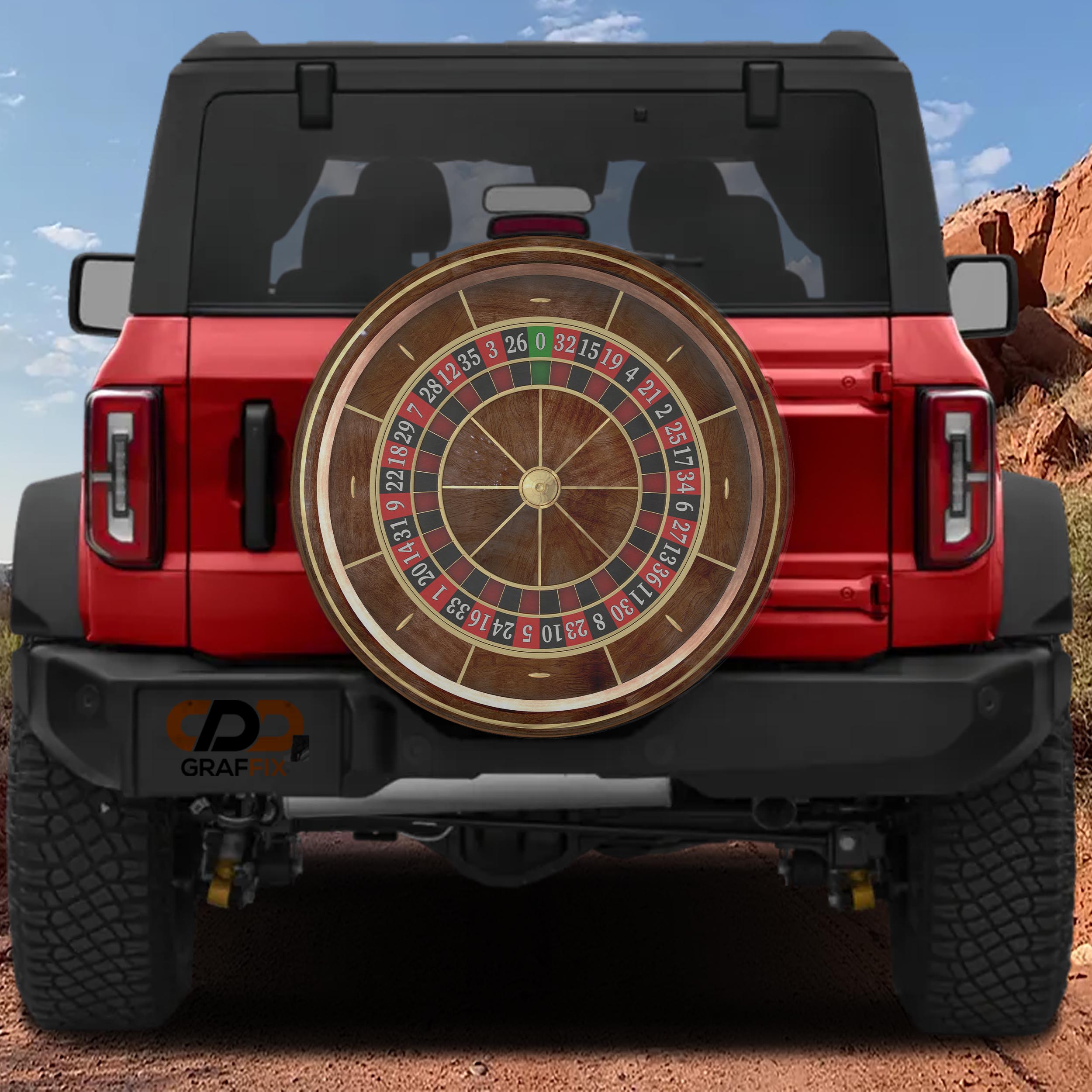 a red Jeep Wrangler with a large roulette wheel attached to the rear of the vehicle.