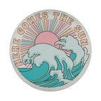 Here Comes the Sun spare tire cover flat view with vintage sun rays and ocean wave art