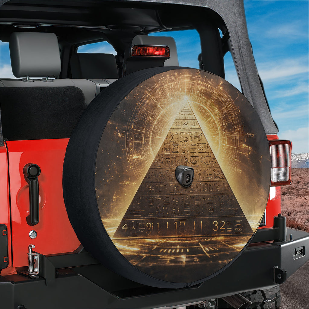 Golden Pyramid of Secrets spare tire cover lifestyle shot on SUV outdoors