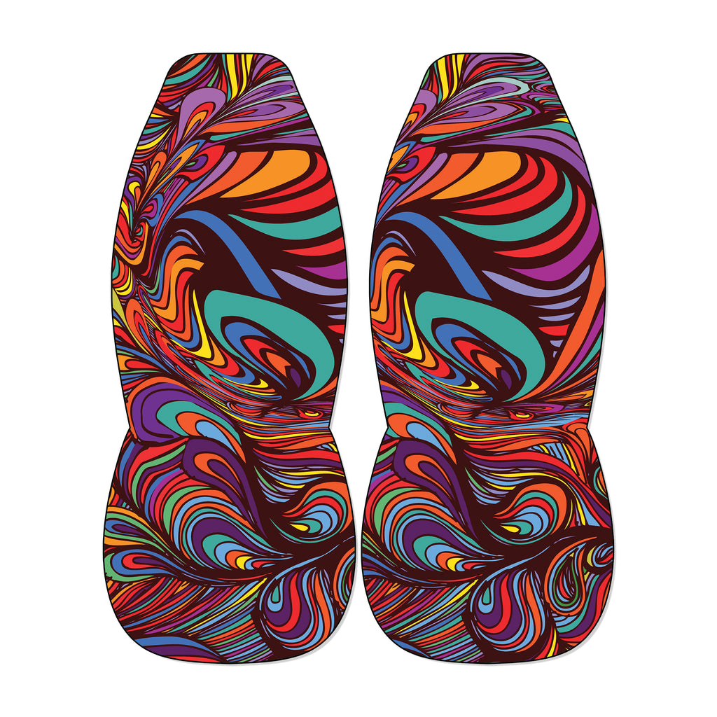 Psychedelic swirl front car seat covers with trippy rainbow vortex pattern on universal bucket seats